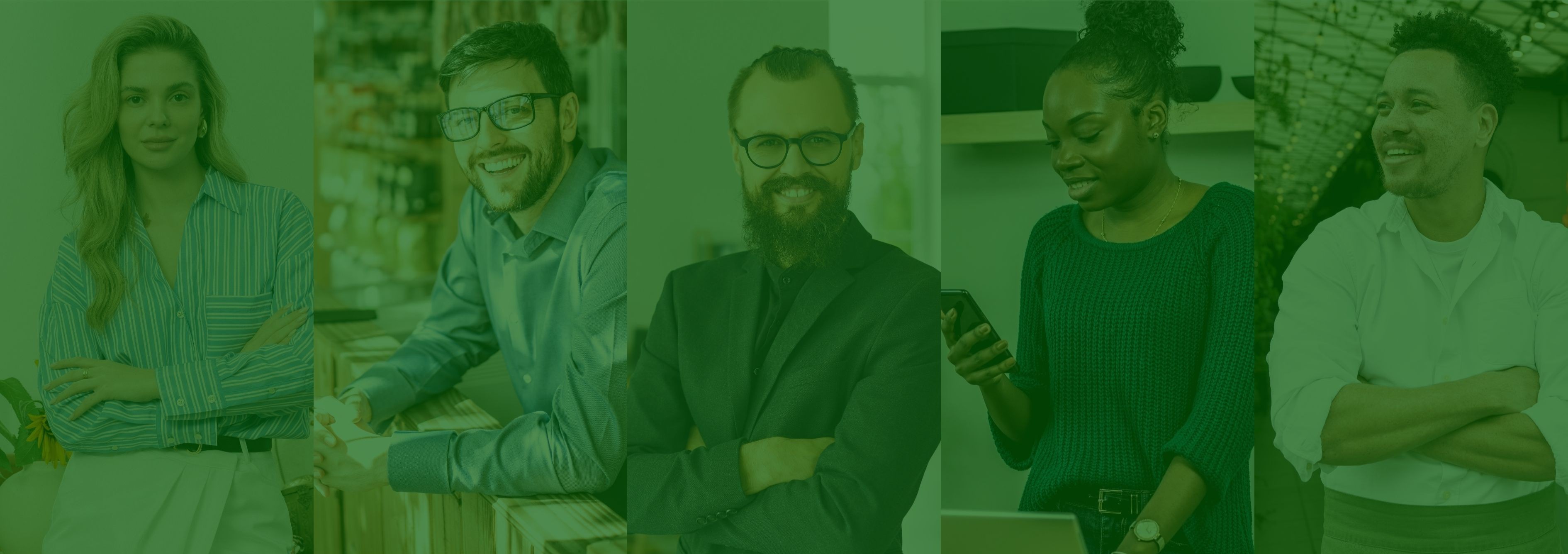 Five diverse professionals smiling, standing or sitting, in various casual and business outfits.